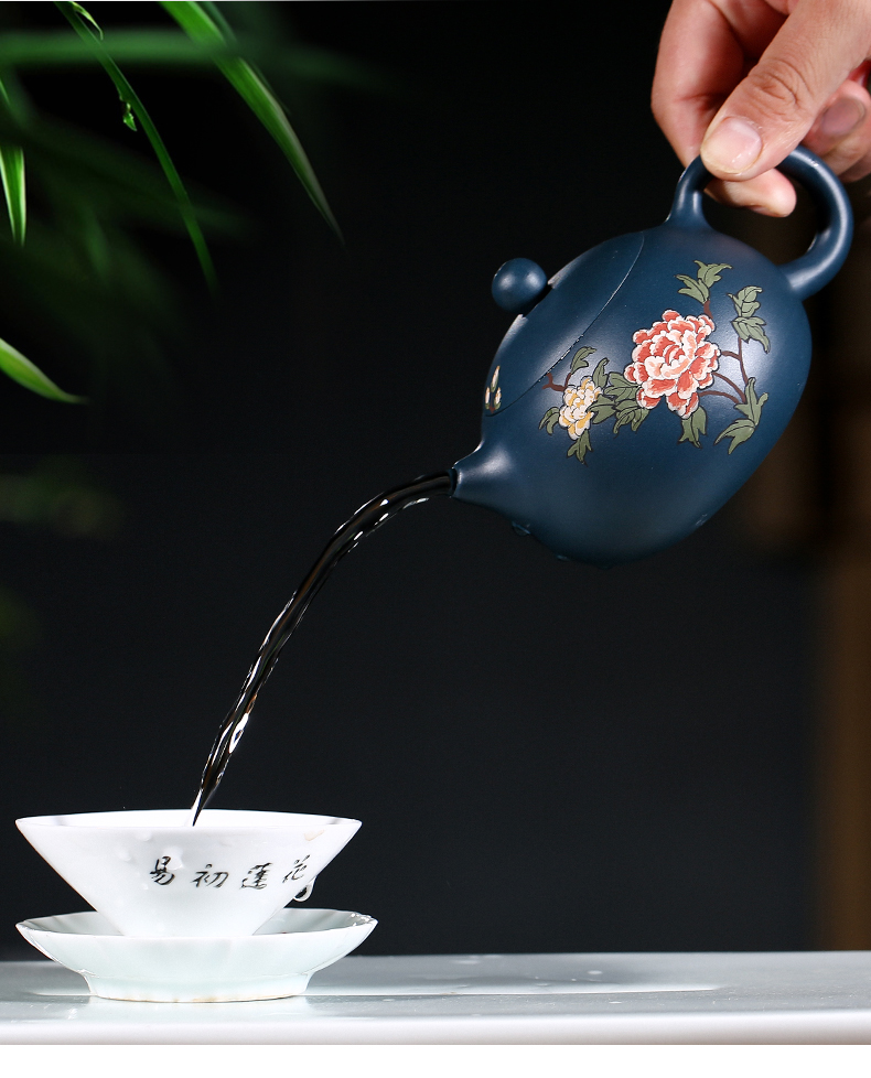 純手工紫砂壺，小巧琺瑯印花紫砂壺